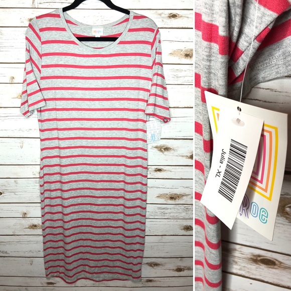 LuLaRoe Dresses & Skirts - LuLaRoe XL Coral & Gray Striped Julia Dress NWT